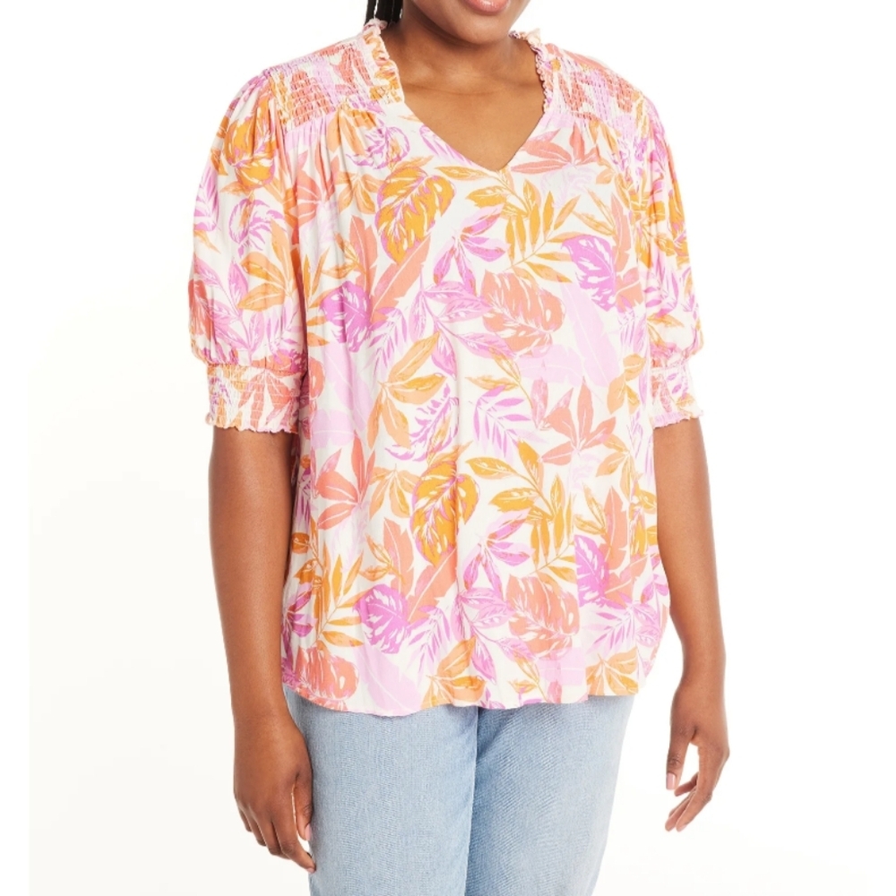 Terra & Sky Women’s Plus Size 0X (14W) Smocked V-Neck Blouse Floral Orange Pink